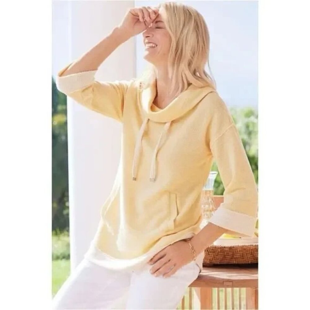 Soft Surroundings Cotton Yellow Santorini Shores Pullover Knit Cowl Neck Sz M